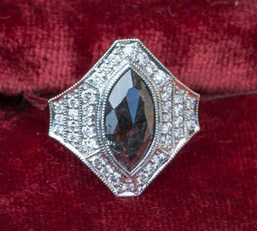 Statement Salt and Pepper Diamond with Halo Engagement Ring 14K White Gold Marquise AD2119