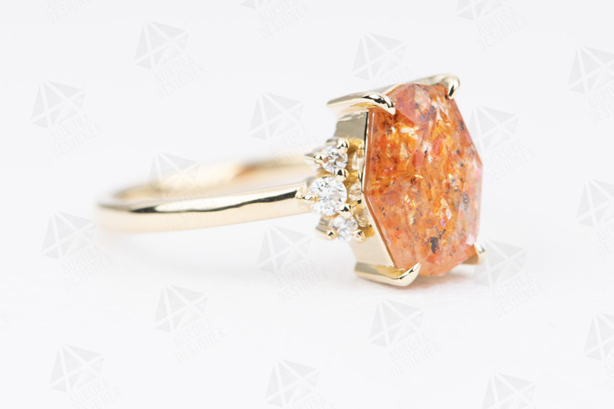 Sunstone 14K Yellow Gold Engagement Ring Diamond Sides Alternative Bride Orange Pink Sparkle AD2179