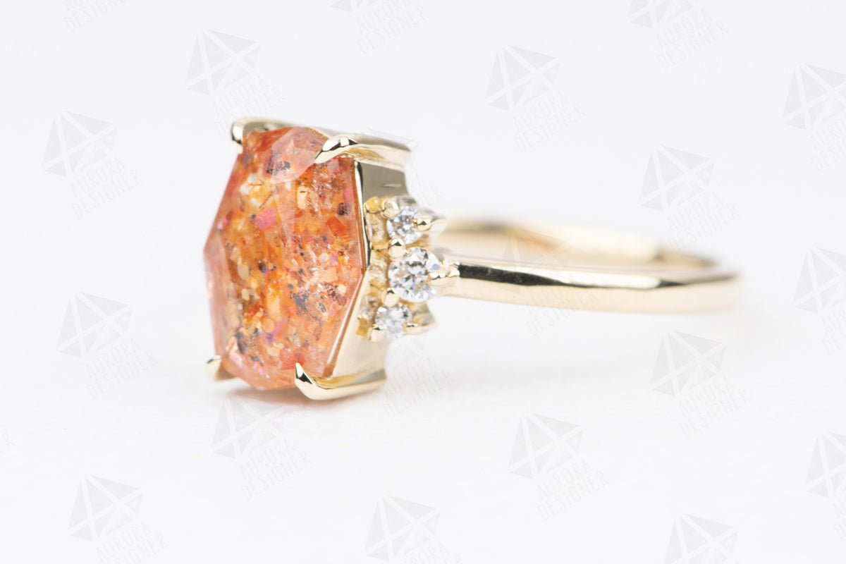 Sunstone 14K Yellow Gold Engagement Ring Diamond Sides Alternative Bride Orange Pink Sparkle AD2179