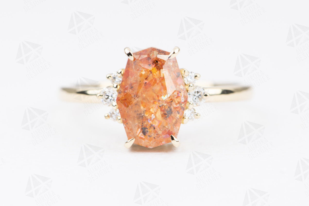 Sunstone 14K Yellow Gold Engagement Ring Diamond Sides Alternative Bride Orange Pink Sparkle AD2179