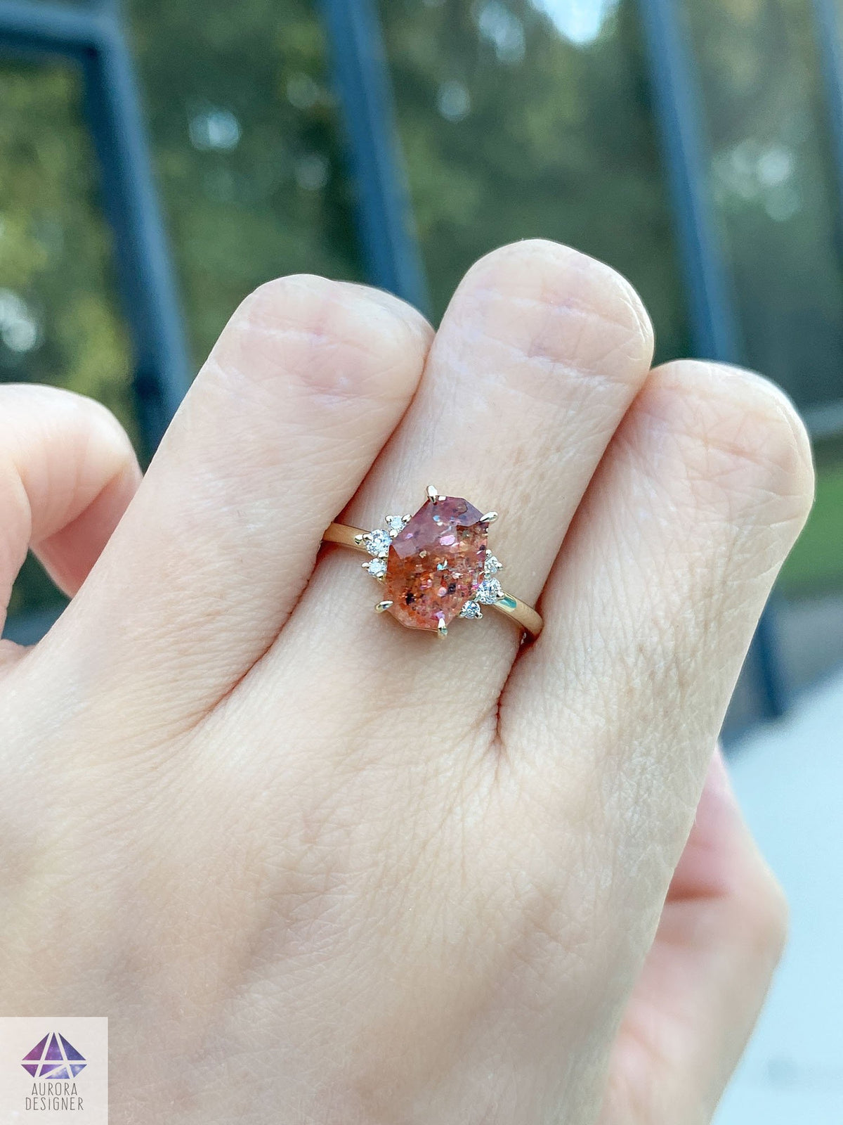 Sunstone 14K Yellow Gold Engagement Ring Diamond Sides Alternative Bride Orange Pink Sparkle AD2179