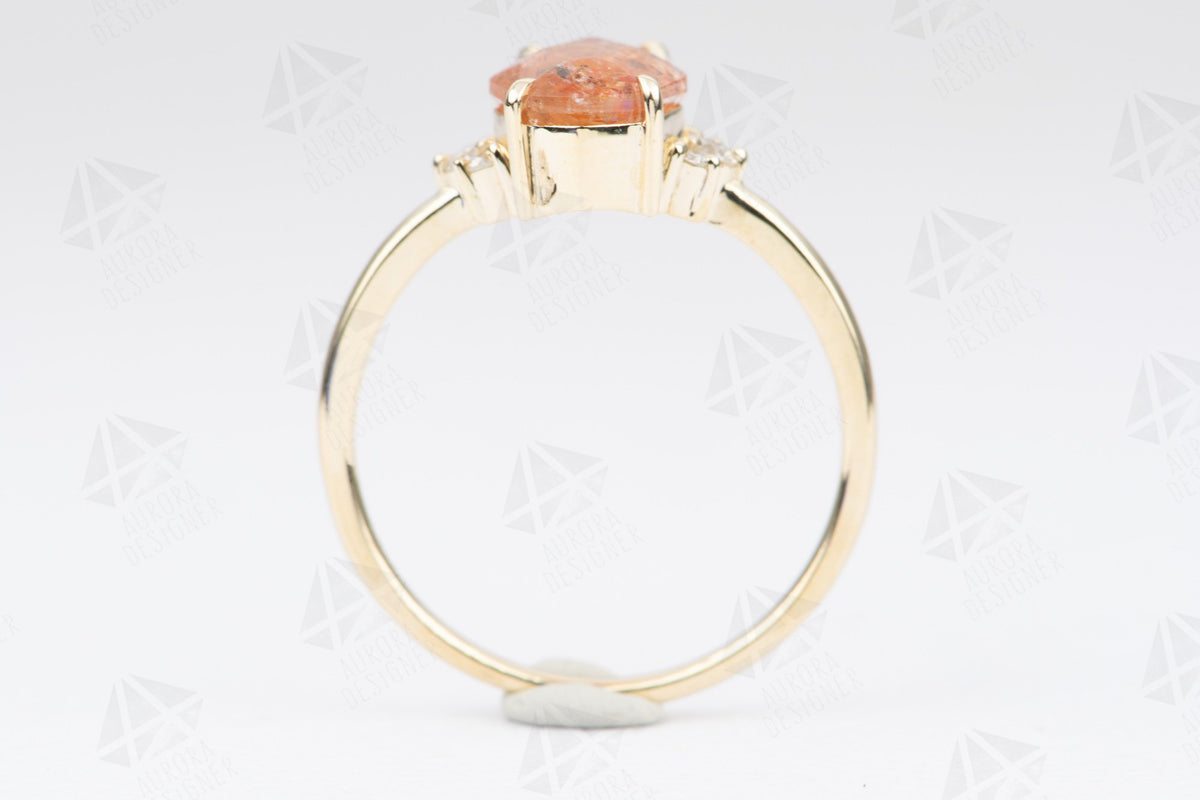 Sunstone 14K Yellow Gold Engagement Ring Diamond Sides Alternative Bride Orange Pink Sparkle AD2179