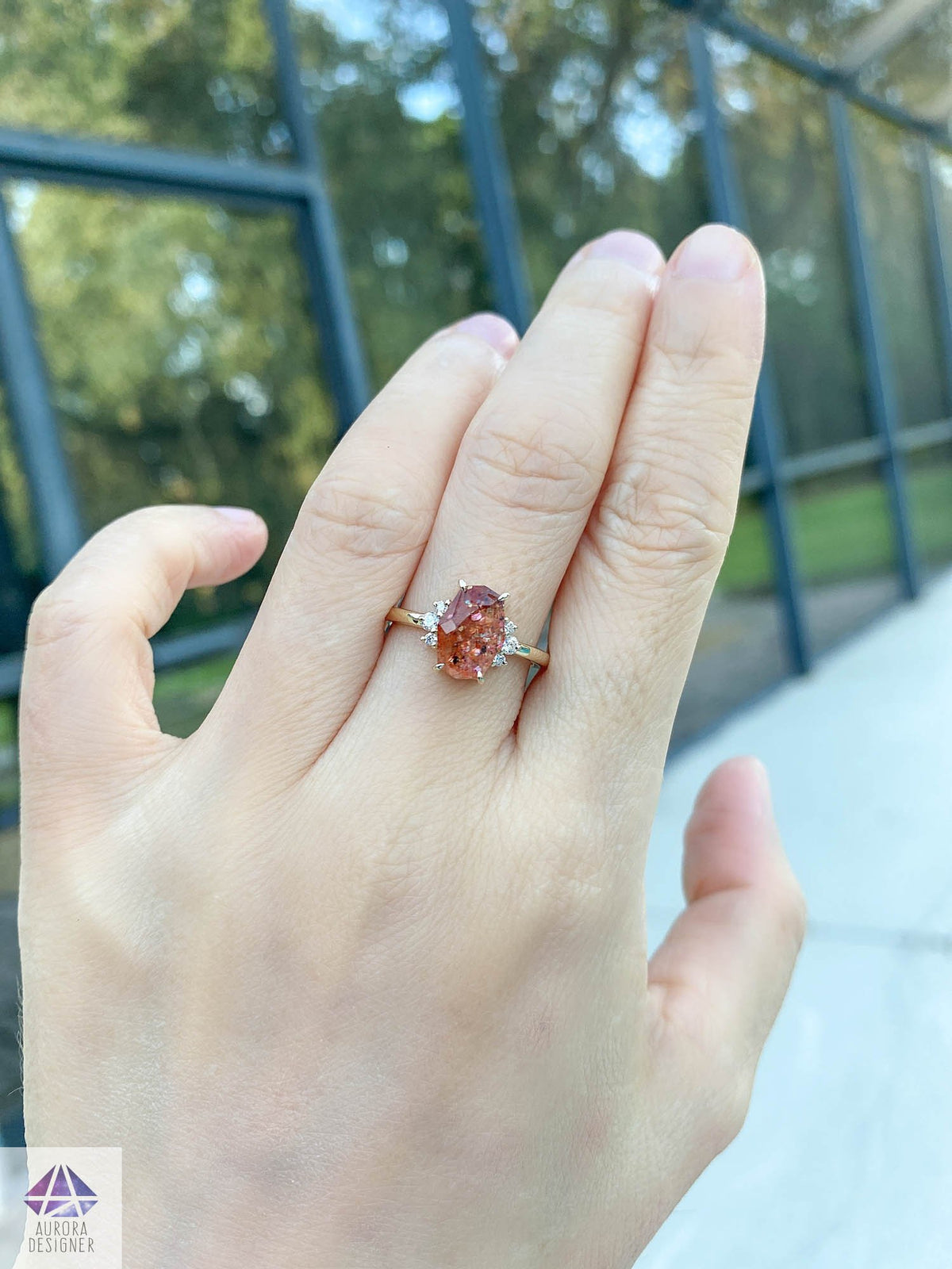 Sunstone 14K Yellow Gold Engagement Ring Diamond Sides Alternative Bride Orange Pink Sparkle AD2179