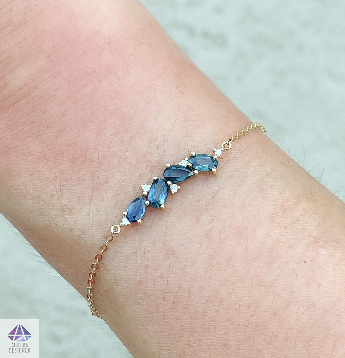 Teal Blue Sapphire Diamond Cluster Chain Link Bracelet 14K Gold Pear Oval Shape Green AD2099