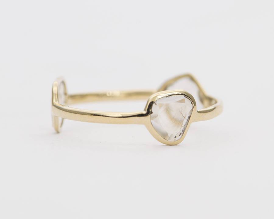 Three Diamond Slice Bezel Set 14K Gold Wedding Band Ring Eternity Thin Dainty Petite Modern AD1341