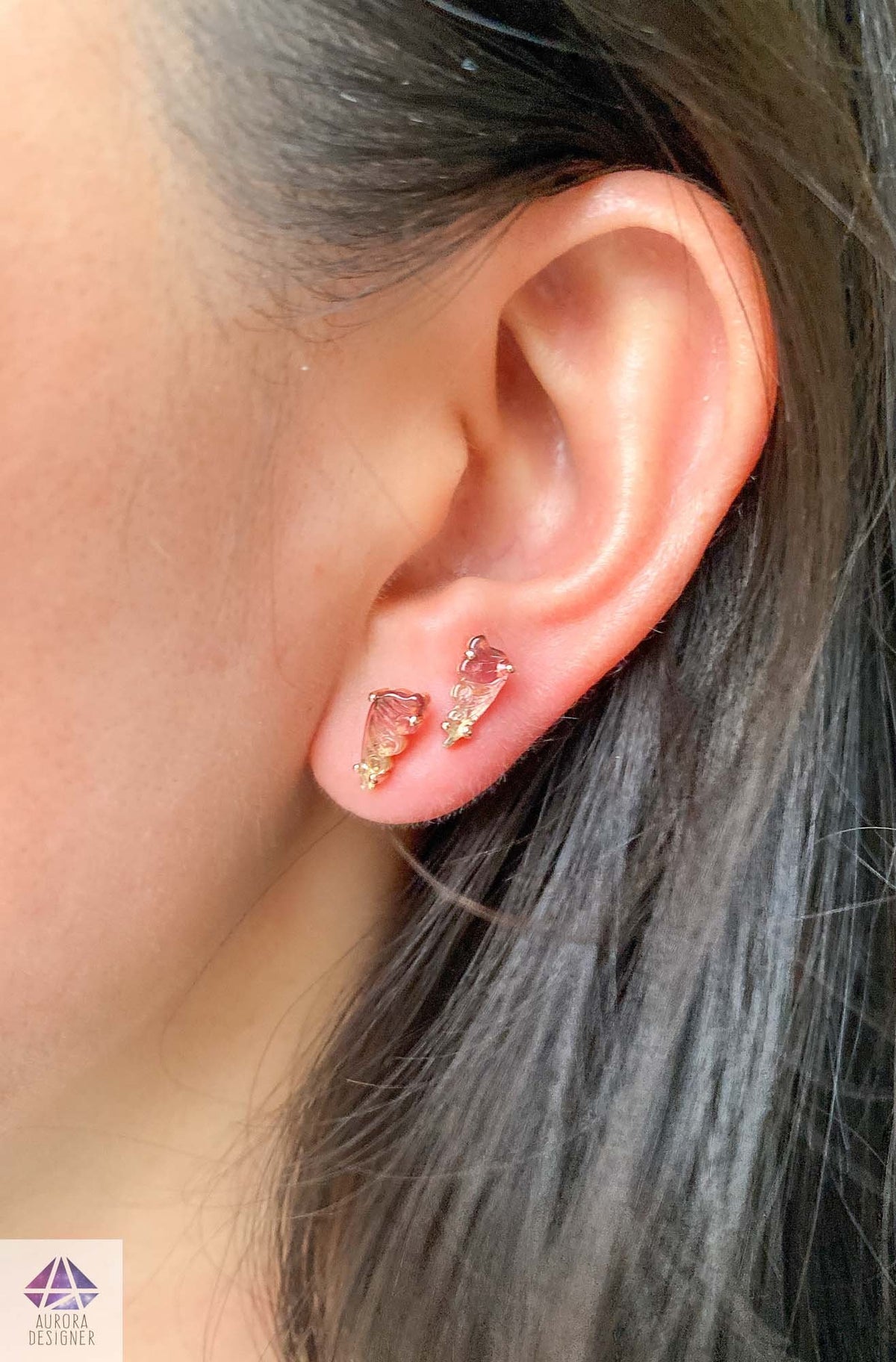 Tourmaline Carved Butterfly Unique Earrings 14K Rose Gold Ear Studs Nature Theme Gemstone AD1768-2