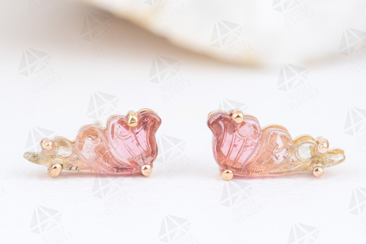 Tourmaline Carved Butterfly Unique Earrings 14K Rose Gold Ear Studs Nature Theme Gemstone AD1768-2