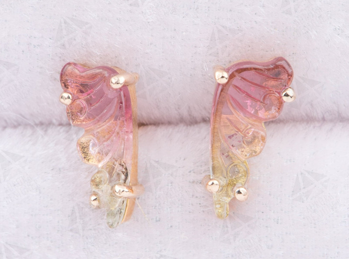 Tourmaline Carved Butterfly Unique Earrings 14K Rose Gold Ear Studs Nature Theme Gemstone AD1768-2