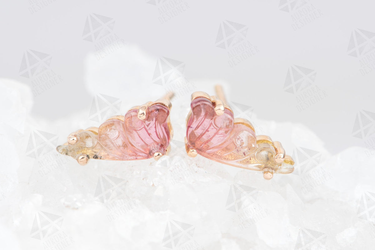 Tourmaline Carved Butterfly Unique Earrings 14K Rose Gold Ear Studs Nature Theme Gemstone AD1768-2