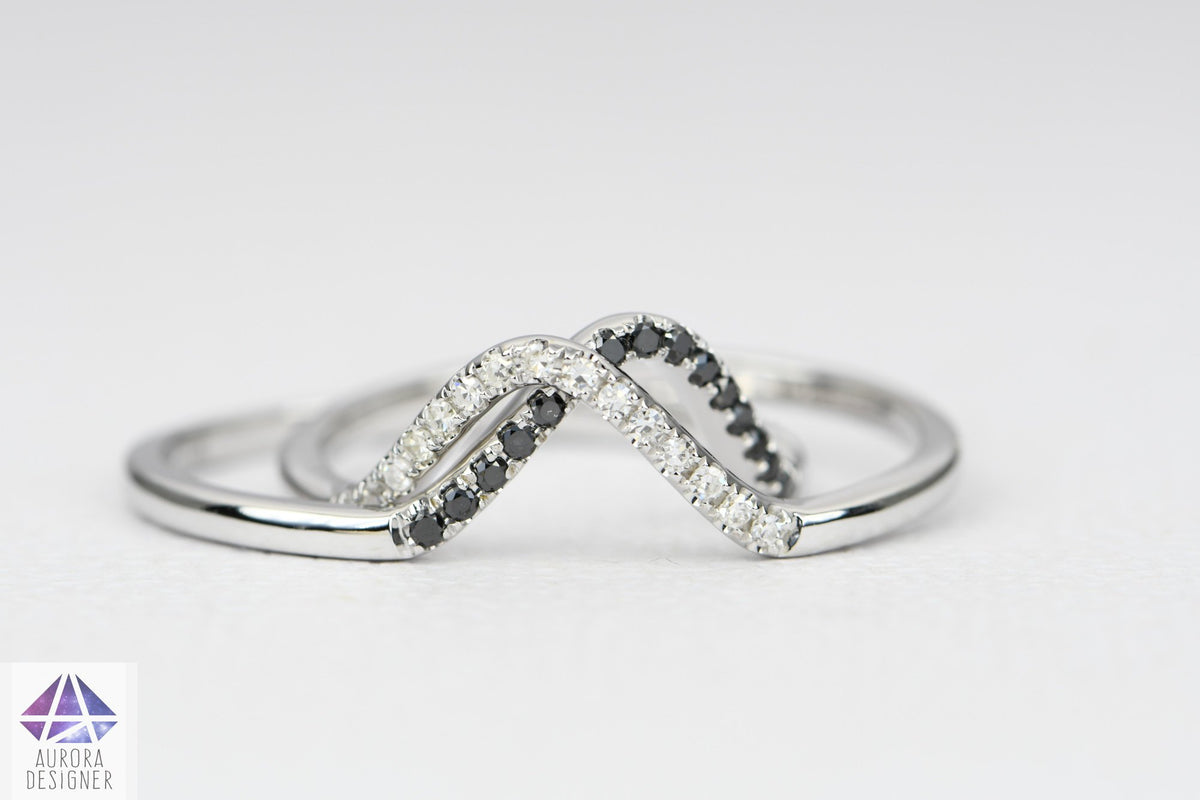 White or Black Diamond Curved Wedding Band 14K 18K Gold Platinum Ring Guard Crown Curve AD2021B