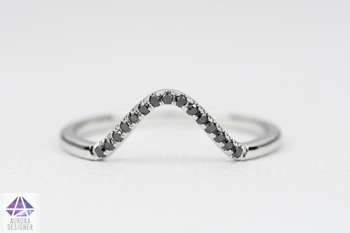 White or Black Diamond Curved Wedding Band 14K 18K Gold Platinum Ring Guard Crown Curve AD2021B
